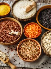 Mixed Grains and Cereals Lentils Rice Buckwheat Oatmeal Organic Healthy Vegan Protein Diet Nutrition