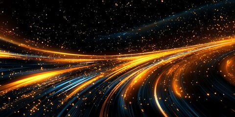 Fototapeta premium Abstract glowing orange and blue light trails on black background.