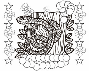 coloring book page for adults and children. snake on tree trunk against abstract fantasy floral background. chinese new year 2025 zodiac sign