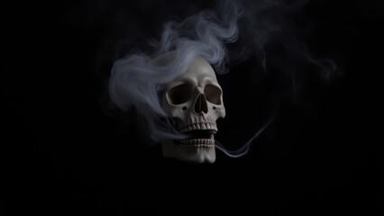 "Mysterious smoke wafts from the left cheekbone of a haunting, illuminated skull set against a deep black backdrop."