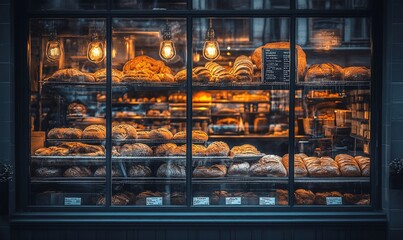 Warmly lit bakery window display showcasing various breads.