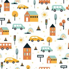 Obraz premium Cute children's seamless pattern with cars, traffic lights and road signs on a white background. Illustration of highway in a cartoon style for Wallpaper, fabric, and textile design. Vector