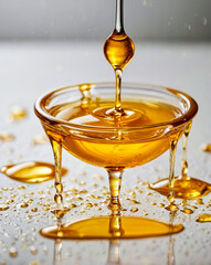 oil drops from a spoon into a glass bowl