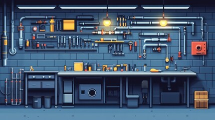 Well-equipped workshop with tools, pipes, and workbench.