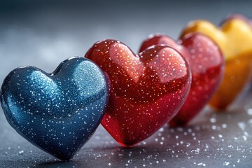 Fototapeta premium Three heart-shaped candies placed together on a surface, perfect for use in food or gift related contexts