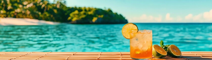 Fototapeta premium Filipino calamansi iced tea in a bamboo cup, sandy shores of El Nido, citrusy and refreshing tropical beverage