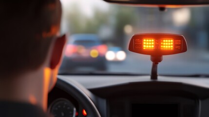 Scene of a car with warning lights flashing on the dashboard. Featuring a confused driver looking at the indicators