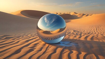 a crystal crystal ball resting on a sandy desert landscape