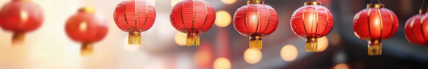 Fototapeta premium Festive Red Lanterns Chinese New Year Celebration Holiday Lights Asian Culture Sunset Glow