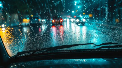 Scene of a car��s windshield wipers not functioning. Featuring a frustrated driver in the rain