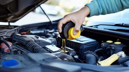 Fototapeta premium Scene of a driver checking oil levels under the hood. Featuring a vehicle with an oil warning light on