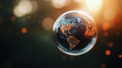 Bubbles of life a floating earth surrounded by nature's glow digital art sunlit environment dreamlike perspective