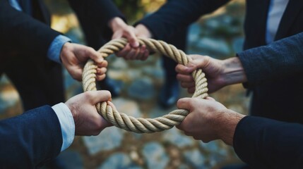 A group of people connected by a rope in a training exercise, possibly for teamwork or trust building