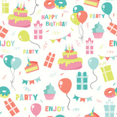 Seamless background for Birthday. Birthday cream cakes, gift boxes, garlands. Hand drawn background for party, children's party, festival