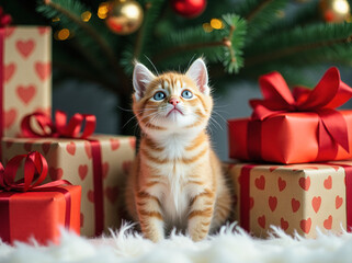 sweet little kitty with lovele blue eyes looking curiously up to christmas tree above him, kitty ist sitting between some christmas gifts below christmas tree, generative AI