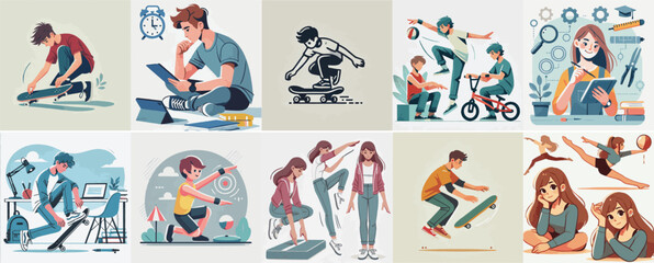 Vector set of a teenager is sharpening new skills with a simple flat design style.