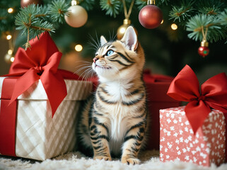 sweet little kitty with lovele blue eyes looking curiously up to christmas tree above him, kitty ist sitting between some christmas gifts below christmas tree, generative AI