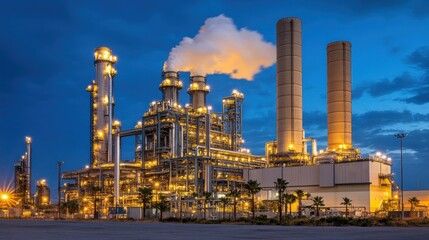 Obraz premium Illuminated industrial complex at twilight, emitting smoke from tall stacks.