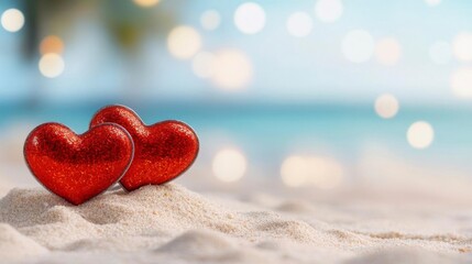 Fototapeta premium Two red glitter hearts rest gently on a sandy beach, bathed in soft, summer light. Romance at the shore.
