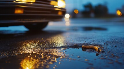 Scene of a driver with a leaking radiator hose. Featuring coolant on the ground