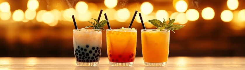 Fototapeta premium Hawaiian taro bubble tea with fresh tapioca pearls, palmfringed beaches of Maui, a chewy and colorful tropical drink