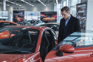 Young man exploring a luxury car in a modern showroom with vibrant lighting
