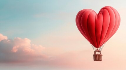 Fototapeta premium A red heart-shaped hot air balloon ascends into a pastel sky, carrying dreams aloft.