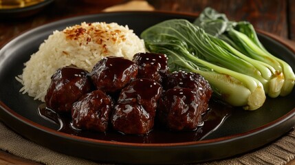Delicious Asian Dish with Rice, Meatballs, and Bok Choy on Plate