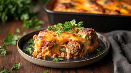 Fototapeta premium Delicious Cheesy Meat Lasagna with Fresh Parsley on Table