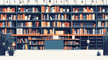 Obraz premium Large library with bookshelves, plants, and hanging lights.