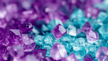 Close-up of teal and purple crystals on a dreamy bokeh background. This professional high-resolution photograph features a shallow depth of field and a pastel color palette.
