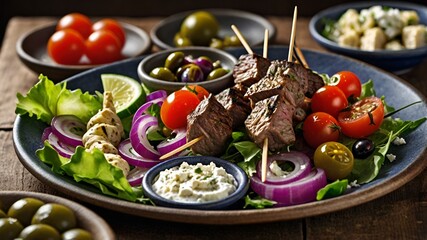 Mediterranean Platter with Lamb Skewers, Olives, and Pita