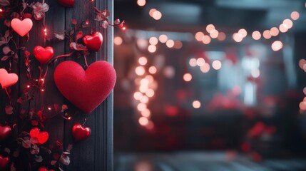 Romantic Valentine's Garland: Red hearts adorn a rustic wood backdrop, illuminated by warm lights, creating a magical, loving atmosphere.