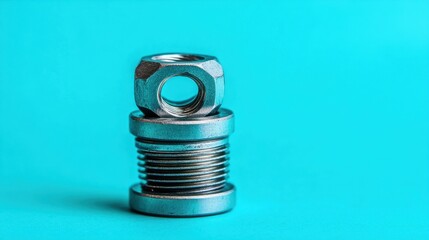 Metal Bolt and Nut Stacked on Bright Turquoise Background