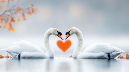 Obraz premium Two swans forming a heart shape, a symbol of love and devotion, reflected in the tranquil water.