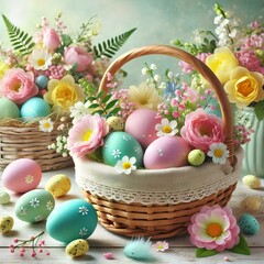 A bright spring still life with pastel Easter eggs, fresh flowers, and a wicker basket.