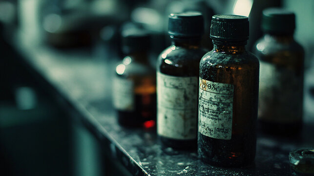 
Brown bottles are standing on a table, the contents cannot be seen, but they are a little older and dust has settled on the bottles.