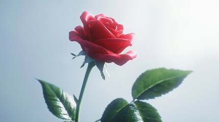 Single red rose on white background.