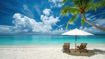 Fototapeta premium Tropical beach scene with two beach chairs and an umbrella under a palm tree. Beautiful turquoise water and white sand. Sunny day with fluffy clouds.