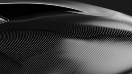 High-quality close-up of sports car hood with carbon fiber texture and aerodynamic design details
