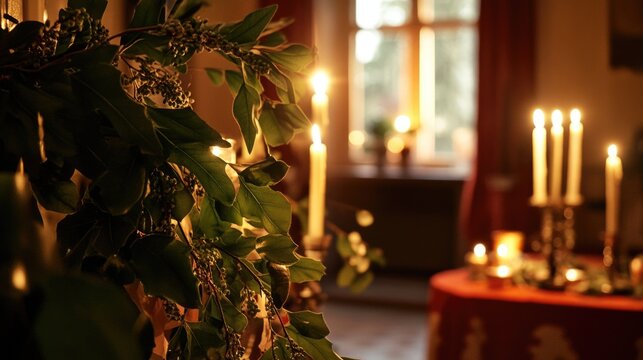 A table with multiple candles lit up