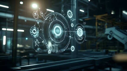 A futuristic image of gears and machinery with a blue and white color scheme