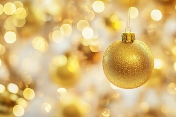 Fototapeta premium A golden Christmas ornament hangs from a festive string, perfect for decorating the tree or giving as a gift
