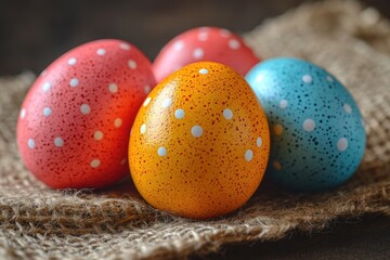 Fototapeta premium Three colorful Easter eggs on a natural burlap cloth background, perfect for spring and Easter-themed designs