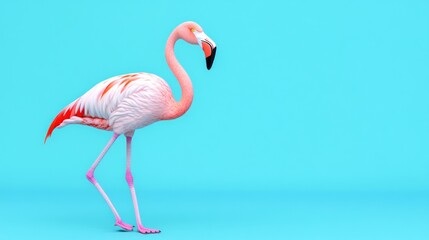 Fototapeta premium A stylized flamingo walking against a bright blue background.