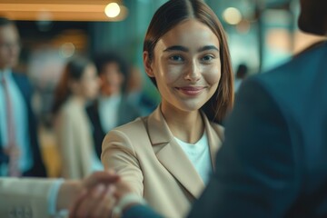 Boss congratulates successful employee with promotion  hiring intern  rewarding.
