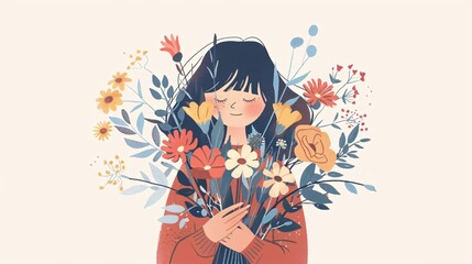 Elegant Girl Holding Large Flower Bouquet in Hand Drawn Style Vector Illustration