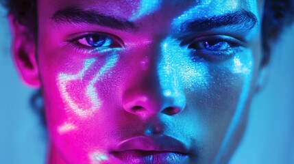 male model's face with a glitch photo effect, incorporating digital distortions and static, creating a futuristic and edgy aesthetic.