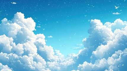 Vivid blue sky with fluffy white clouds and birds.