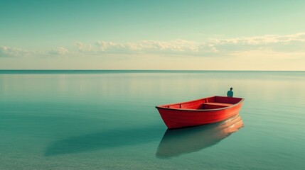 Fototapeta premium minimalistic, realistic photograph of a man on a red wooden boat, gently floating on the ocean, with the horizon stretching far into the distance.